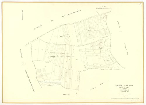 Plans minutes de conservation : SAINT-CHERON : tableau d'assemblage, ech. 1/10000 (1951), section A1, ech. 1/2500 (1951), sections A2, A3, B2, B3, B4, C1, C2, C3, ech. 1/1250 (1951) ; section B1, ech. 1/1250, section E2, ech. 1/2500 (1951-1973) ; sections