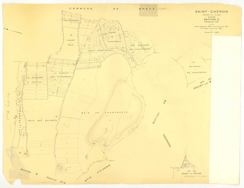 Plans minutes de conservation : SAINT-CHERON : tableau d'assemblage, ech. 1/10000 (1951), section A1, ech. 1/2500 (1951), sections A2, A3, B2, B3, B4, C1, C2, C3, ech. 1/1250 (1951) ; section B1, ech. 1/1250, section E2, ech. 1/2500 (1951-1973) ; sections