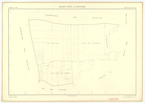 Plans minutes de conservation : SAINT-CYR-LA-RIVIERE : tableau d'assemblage, ech. 1/10000 (1955), sections A1, A2, B1, B5, C1, C2, D1, D2, D3, ZB, ech. 1/2000 (1955), sections B2, B3, B4, ech. 1/1000 (1955), Nb, papier, 105x80 [14 plans]. 