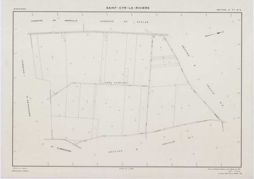 SAINT-CYR-LA-RIVIERE, plans minutes de conservation : tableau d'assemblage, 1955, Ech. 1/10000 ; plans des sections A1, A2, B1, B2, B3, B4, B5, C1, C2, D1, D2, D3, ZB, 1955, Ech. 1/2000. Polyester. N et B. Dim. 105 x 80 cm [14 plans]. 