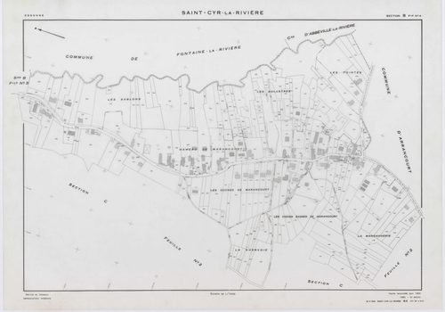 SAINT-CYR-LA-RIVIERE, plans minutes de conservation : tableau d'assemblage, 1955, Ech. 1/10000 ; plans des sections A1, A2, B1, B2, B3, B4, B5, C1, C2, D1, D2, D3, ZB, 1955, Ech. 1/2000. Polyester. N et B. Dim. 105 x 80 cm [14 plans]. 