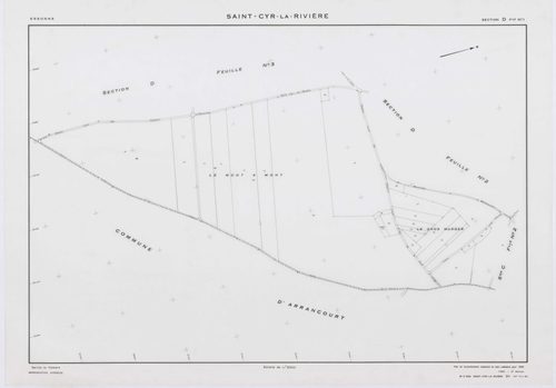 SAINT-CYR-LA-RIVIERE, plans minutes de conservation : tableau d'assemblage, 1955, Ech. 1/10000 ; plans des sections A1, A2, B1, B2, B3, B4, B5, C1, C2, D1, D2, D3, ZB, 1955, Ech. 1/2000. Polyester. N et B. Dim. 105 x 80 cm [14 plans]. 