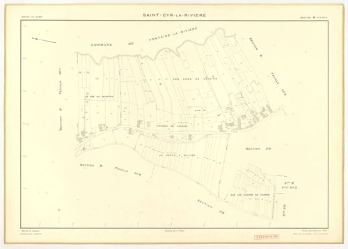 Plans minutes de conservation : SAINT-CYR-LA-RIVIERE : tableau d'assemblage, ech. 1/10000 (1955), sections A1, A2, B1, B5, C1, C2, D1, D2, D3, ZB, ech. 1/2000 (1955), sections B2, B3, B4, ech. 1/1000 (1955), Nb, papier, 105x80 [14 plans]. 