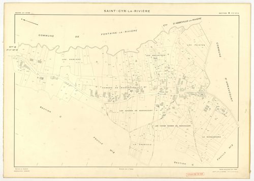 Plans minutes de conservation : SAINT-CYR-LA-RIVIERE : tableau d'assemblage, ech. 1/10000 (1955), sections A1, A2, B1, B5, C1, C2, D1, D2, D3, ZB, ech. 1/2000 (1955), sections B2, B3, B4, ech. 1/1000 (1955), Nb, papier, 105x80 [14 plans]. 