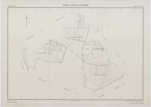 SAINT-CYR-LA-RIVIERE, plans minutes de conservation : tableau d'assemblage, 1955, Ech. 1/10000 ; plans des sections A1, A2, B1, B2, B3, B4, B5, C1, C2, D1, D2, D3, ZB, 1955, Ech. 1/2000. Polyester. N et B. Dim. 105 x 80 cm [14 plans]. 
