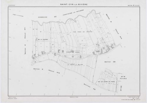 SAINT-CYR-LA-RIVIERE, plans minutes de conservation : tableau d'assemblage, 1955, Ech. 1/10000 ; plans des sections A1, A2, B1, B2, B3, B4, B5, C1, C2, D1, D2, D3, ZB, 1955, Ech. 1/2000. Polyester. N et B. Dim. 105 x 80 cm [14 plans]. 