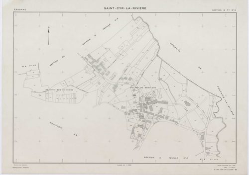 SAINT-CYR-LA-RIVIERE, plans minutes de conservation : tableau d'assemblage, 1955, Ech. 1/10000 ; plans des sections A1, A2, B1, B2, B3, B4, B5, C1, C2, D1, D2, D3, ZB, 1955, Ech. 1/2000. Polyester. N et B. Dim. 105 x 80 cm [14 plans]. 