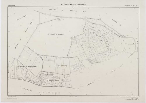 SAINT-CYR-LA-RIVIERE, plans minutes de conservation : tableau d'assemblage, 1955, Ech. 1/10000 ; plans des sections A1, A2, B1, B2, B3, B4, B5, C1, C2, D1, D2, D3, ZB, 1955, Ech. 1/2000. Polyester. N et B. Dim. 105 x 80 cm [14 plans]. 