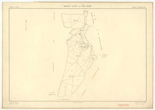 Plans minutes de conservation : SAINT-CYR-LA-RIVIERE : tableau d'assemblage, ech. 1/10000 (1955), sections A1, A2, B1, B5, C1, C2, D1, D2, D3, ZB, ech. 1/2000 (1955), sections B2, B3, B4, ech. 1/1000 (1955), Nb, papier, 105x80 [14 plans]. 