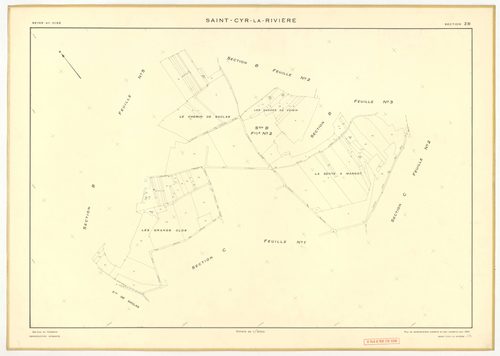 Plans minutes de conservation : SAINT-CYR-LA-RIVIERE : tableau d'assemblage, ech. 1/10000 (1955), sections A1, A2, B1, B5, C1, C2, D1, D2, D3, ZB, ech. 1/2000 (1955), sections B2, B3, B4, ech. 1/1000 (1955), Nb, papier, 105x80 [14 plans]. 