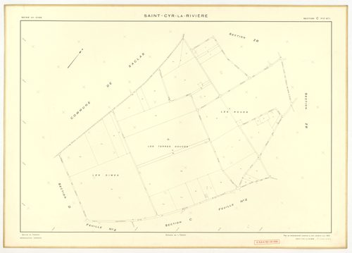 Plans minutes de conservation : SAINT-CYR-LA-RIVIERE : tableau d'assemblage, ech. 1/10000 (1955), sections A1, A2, B1, B5, C1, C2, D1, D2, D3, ZB, ech. 1/2000 (1955), sections B2, B3, B4, ech. 1/1000 (1955), Nb, papier, 105x80 [14 plans]. 