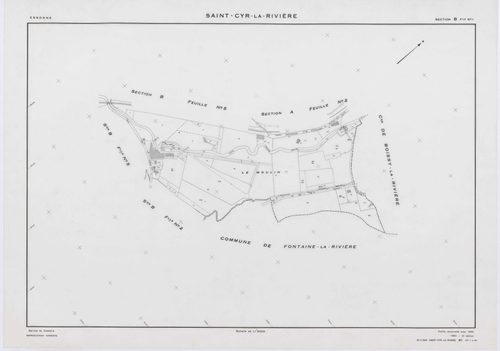 SAINT-CYR-LA-RIVIERE, plans minutes de conservation : tableau d'assemblage, 1955, Ech. 1/10000 ; plans des sections A1, A2, B1, B2, B3, B4, B5, C1, C2, D1, D2, D3, ZB, 1955, Ech. 1/2000. Polyester. N et B. Dim. 105 x 80 cm [14 plans]. 