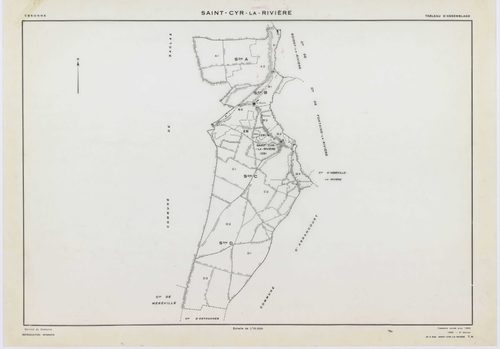 SAINT-CYR-LA-RIVIERE, plans minutes de conservation : tableau d'assemblage, 1955, Ech. 1/10000 ; plans des sections A1, A2, B1, B2, B3, B4, B5, C1, C2, D1, D2, D3, ZB, 1955, Ech. 1/2000. Polyester. N et B. Dim. 105 x 80 cm [14 plans]. 