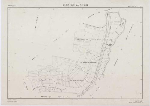 SAINT-CYR-LA-RIVIERE, plans minutes de conservation : tableau d'assemblage, 1955, Ech. 1/10000 ; plans des sections A1, A2, B1, B2, B3, B4, B5, C1, C2, D1, D2, D3, ZB, 1955, Ech. 1/2000. Polyester. N et B. Dim. 105 x 80 cm [14 plans]. 
