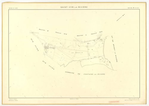 Plans minutes de conservation : SAINT-CYR-LA-RIVIERE : tableau d'assemblage, ech. 1/10000 (1955), sections A1, A2, B1, B5, C1, C2, D1, D2, D3, ZB, ech. 1/2000 (1955), sections B2, B3, B4, ech. 1/1000 (1955), Nb, papier, 105x80 [14 plans]. 