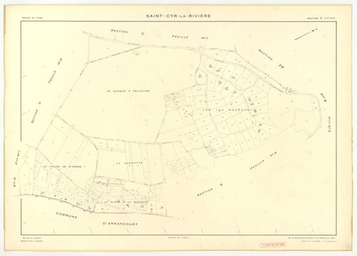 Plans minutes de conservation : SAINT-CYR-LA-RIVIERE : tableau d'assemblage, ech. 1/10000 (1955), sections A1, A2, B1, B5, C1, C2, D1, D2, D3, ZB, ech. 1/2000 (1955), sections B2, B3, B4, ech. 1/1000 (1955), Nb, papier, 105x80 [14 plans]. 