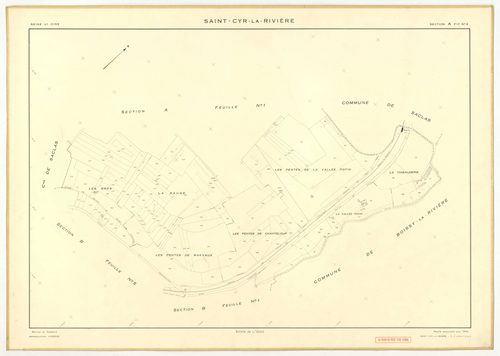 Plans minutes de conservation : SAINT-CYR-LA-RIVIERE : tableau d'assemblage, ech. 1/10000 (1955), sections A1, A2, B1, B5, C1, C2, D1, D2, D3, ZB, ech. 1/2000 (1955), sections B2, B3, B4, ech. 1/1000 (1955), Nb, papier, 105x80 [14 plans]. 