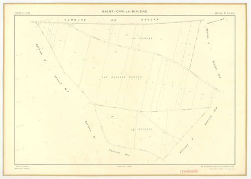 Plans minutes de conservation : SAINT-CYR-LA-RIVIERE : tableau d'assemblage, ech. 1/10000 (1955), sections A1, A2, B1, B5, C1, C2, D1, D2, D3, ZB, ech. 1/2000 (1955), sections B2, B3, B4, ech. 1/1000 (1955), Nb, papier, 105x80 [14 plans]. 