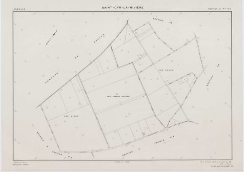 SAINT-CYR-LA-RIVIERE, plans minutes de conservation : tableau d'assemblage, 1955, Ech. 1/10000 ; plans des sections A1, A2, B1, B2, B3, B4, B5, C1, C2, D1, D2, D3, ZB, 1955, Ech. 1/2000. Polyester. N et B. Dim. 105 x 80 cm [14 plans]. 
