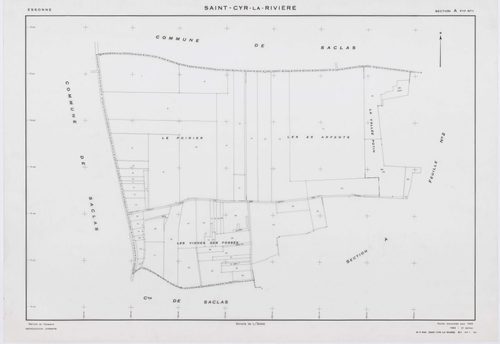 SAINT-CYR-LA-RIVIERE, plans minutes de conservation : tableau d'assemblage, 1955, Ech. 1/10000 ; plans des sections A1, A2, B1, B2, B3, B4, B5, C1, C2, D1, D2, D3, ZB, 1955, Ech. 1/2000. Polyester. N et B. Dim. 105 x 80 cm [14 plans]. 