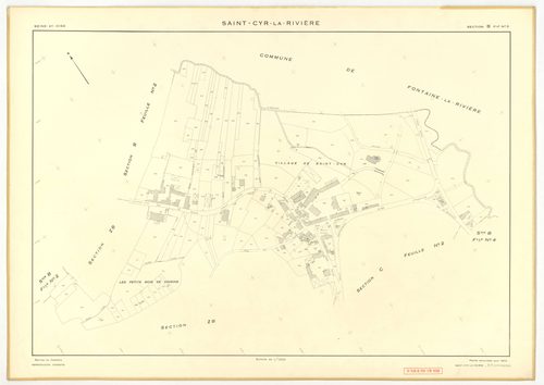 Plans minutes de conservation : SAINT-CYR-LA-RIVIERE : tableau d'assemblage, ech. 1/10000 (1955), sections A1, A2, B1, B5, C1, C2, D1, D2, D3, ZB, ech. 1/2000 (1955), sections B2, B3, B4, ech. 1/1000 (1955), Nb, papier, 105x80 [14 plans]. 