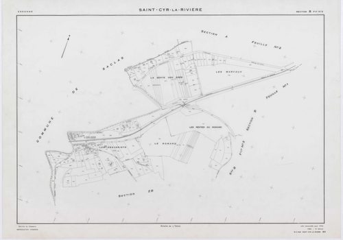 SAINT-CYR-LA-RIVIERE, plans minutes de conservation : tableau d'assemblage, 1955, Ech. 1/10000 ; plans des sections A1, A2, B1, B2, B3, B4, B5, C1, C2, D1, D2, D3, ZB, 1955, Ech. 1/2000. Polyester. N et B. Dim. 105 x 80 cm [14 plans]. 