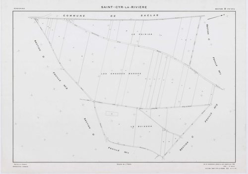 SAINT-CYR-LA-RIVIERE, plans minutes de conservation : tableau d'assemblage, 1955, Ech. 1/10000 ; plans des sections A1, A2, B1, B2, B3, B4, B5, C1, C2, D1, D2, D3, ZB, 1955, Ech. 1/2000. Polyester. N et B. Dim. 105 x 80 cm [14 plans]. 