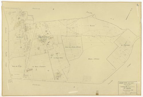 Plans minutes de conservation : SAINT-CYR-SOUS-DOURDAN : tableau d'assemblage, ech. 1/10000 (1939), sections A1, B, C1, C3, D, ech. 1/2500 (1939), sections A2, C2, ech. 1/1250 (1939), NB, papier, 105x80 [8 plans]. 
