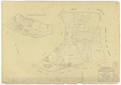 Plans minutes de conservation : SAINT-CYR-SOUS-DOURDAN : tableau d'assemblage, ech. 1/10000 (1939), sections A1, B, C1, C3, D, ech. 1/2500 (1939), sections A2, C2, ech. 1/1250 (1939), NB, papier, 105x80 [8 plans]. 