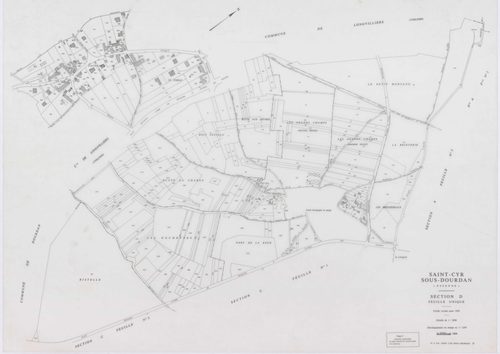 SAINT-CYR-SOUS-DOURDAN, plans minutes de conservation : tableau d'assemblage, 1939, Ech. 1/10000 ; plans des sections A1, B, C1, C3, D, 1939, Ech. 1/2500, sections A2, C2, 1939, Ech. 1/1250, sections ZA, ZB, 1982, Ech. 1/2000. Polyester. N et B. Dim. 105 