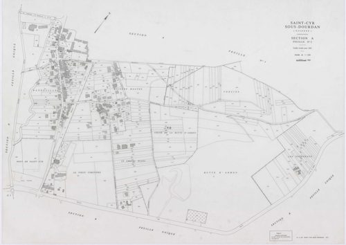 SAINT-CYR-SOUS-DOURDAN, plans minutes de conservation : tableau d'assemblage, 1939, Ech. 1/10000 ; plans des sections A1, B, C1, C3, D, 1939, Ech. 1/2500, sections A2, C2, 1939, Ech. 1/1250, sections ZA, ZB, 1982, Ech. 1/2000. Polyester. N et B. Dim. 105 
