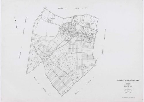SAINT-CYR-SOUS-DOURDAN, plans minutes de conservation : tableau d'assemblage, 1939, Ech. 1/10000 ; plans des sections A1, B, C1, C3, D, 1939, Ech. 1/2500, sections A2, C2, 1939, Ech. 1/1250, sections ZA, ZB, 1982, Ech. 1/2000. Polyester. N et B. Dim. 105 