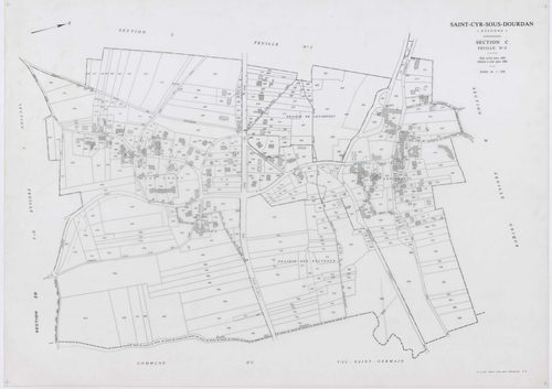 SAINT-CYR-SOUS-DOURDAN, plans minutes de conservation : tableau d'assemblage, 1939, Ech. 1/10000 ; plans des sections A1, B, C1, C3, D, 1939, Ech. 1/2500, sections A2, C2, 1939, Ech. 1/1250, sections ZA, ZB, 1982, Ech. 1/2000. Polyester. N et B. Dim. 105 