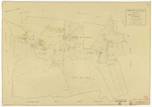 Plans minutes de conservation : SAINT-CYR-SOUS-DOURDAN : tableau d'assemblage, ech. 1/10000 (1939), sections A1, B, C1, C3, D, ech. 1/2500 (1939), sections A2, C2, ech. 1/1250 (1939), NB, papier, 105x80 [8 plans]. 