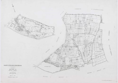 SAINT-CYR-SOUS-DOURDAN, plans minutes de conservation : tableau d'assemblage, 1939, Ech. 1/10000 ; plans des sections A1, B, C1, C3, D, 1939, Ech. 1/2500, sections A2, C2, 1939, Ech. 1/1250, sections ZA, ZB, 1982, Ech. 1/2000. Polyester. N et B. Dim. 105 