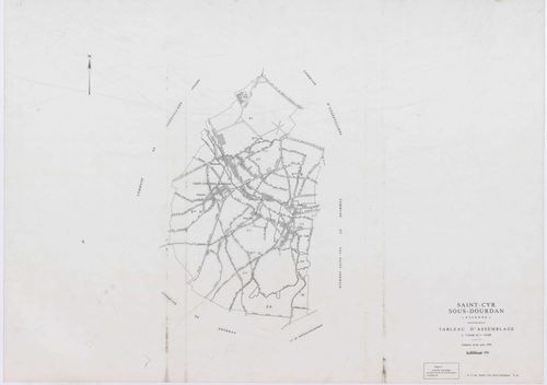 SAINT-CYR-SOUS-DOURDAN, plans minutes de conservation : tableau d'assemblage, 1939, Ech. 1/10000 ; plans des sections A1, B, C1, C3, D, 1939, Ech. 1/2500, sections A2, C2, 1939, Ech. 1/1250, sections ZA, ZB, 1982, Ech. 1/2000. Polyester. N et B. Dim. 105 