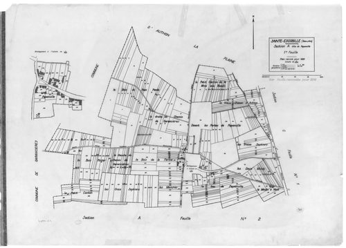 SAINT-ESCOBILLE. - Cadastre révisé pour 1933 : plan du tableau d'assemblage, plans de la section A Paponville 1ère feuille, idem 2ème feuille, section B Guillerville 1ère feuille, idem 2ème feuille, section C le Village 1ère feuille, idem 2ème feuille, se
