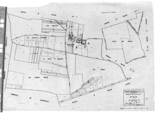 SAINT-ESCOBILLE. - Cadastre révisé pour 1933 : plan du tableau d'assemblage, plans de la section A Paponville 1ère feuille, idem 2ème feuille, section B Guillerville 1ère feuille, idem 2ème feuille, section C le Village 1ère feuille, idem 2ème feuille, se