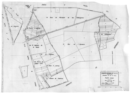 SAINT-ESCOBILLE. - Cadastre révisé pour 1933 : plan du tableau d'assemblage, plans de la section A Paponville 1ère feuille, idem 2ème feuille, section B Guillerville 1ère feuille, idem 2ème feuille, section C le Village 1ère feuille, idem 2ème feuille, se
