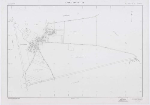 SAINT-ESCOBILLE, plans minutes de conservation : tableau d'assemblage, 1933, Ech. 1/10000 ; plans des section C1, 1933, Ech. 1/1250, sections S, T, X, Y, Z2, 1956, Ech. 1/2000, section ZA, 1994, Ech. 1/2000, sections ZB, ZC, ZD, ZH, ZI, ZK, 1998, Ech. 1/2