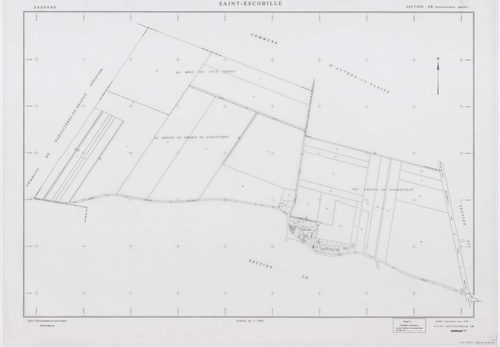 SAINT-ESCOBILLE, plans minutes de conservation : tableau d'assemblage, 1933, Ech. 1/10000 ; plans des section C1, 1933, Ech. 1/1250, sections S, T, X, Y, Z2, 1956, Ech. 1/2000, section ZA, 1994, Ech. 1/2000, sections ZB, ZC, ZD, ZH, ZI, ZK, 1998, Ech. 1/2