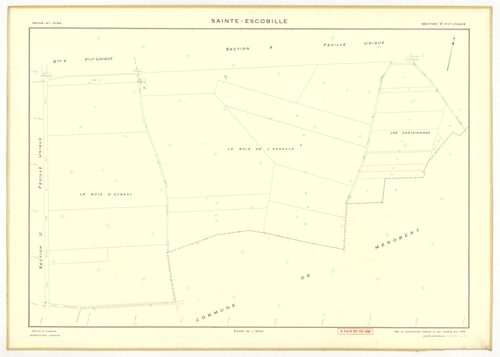 Plans minutes de conservation : SAINT-ESCOBILLE : sections A1, A2, B1, B2, D, ech. 1/2500 (1933-1936), section C1, ech. 1/1250 (1933) ; tableau d'assemblage, ech. 1/10000 (1956), sections S, T, U, V, W, X, Y, Z1, Z2, ech. 1/2000 (1956), NB, papier, 105x80