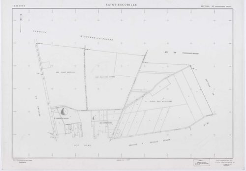 SAINT-ESCOBILLE, plans minutes de conservation : tableau d'assemblage, 1933, Ech. 1/10000 ; plans des section C1, 1933, Ech. 1/1250, sections S, T, X, Y, Z2, 1956, Ech. 1/2000, section ZA, 1994, Ech. 1/2000, sections ZB, ZC, ZD, ZH, ZI, ZK, 1998, Ech. 1/2