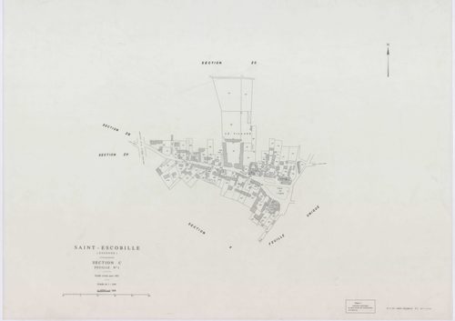 SAINT-ESCOBILLE, plans minutes de conservation : tableau d'assemblage, 1933, Ech. 1/10000 ; plans des section C1, 1933, Ech. 1/1250, sections S, T, X, Y, Z2, 1956, Ech. 1/2000, section ZA, 1994, Ech. 1/2000, sections ZB, ZC, ZD, ZH, ZI, ZK, 1998, Ech. 1/2