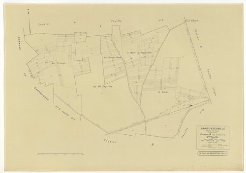 Plans minutes de conservation : SAINT-ESCOBILLE : sections A1, A2, B1, B2, D, ech. 1/2500 (1933-1936), section C1, ech. 1/1250 (1933) ; tableau d'assemblage, ech. 1/10000 (1956), sections S, T, U, V, W, X, Y, Z1, Z2, ech. 1/2000 (1956), NB, papier, 105x80