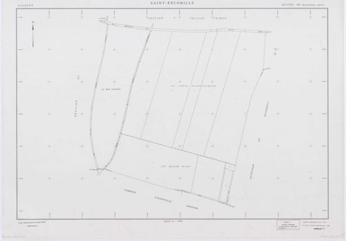 SAINT-ESCOBILLE, plans minutes de conservation : tableau d'assemblage, 1933, Ech. 1/10000 ; plans des section C1, 1933, Ech. 1/1250, sections S, T, X, Y, Z2, 1956, Ech. 1/2000, section ZA, 1994, Ech. 1/2000, sections ZB, ZC, ZD, ZH, ZI, ZK, 1998, Ech. 1/2