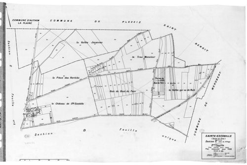 SAINT-ESCOBILLE. - Cadastre révisé pour 1933 : plan du tableau d'assemblage, plans de la section A Paponville 1ère feuille, idem 2ème feuille, section B Guillerville 1ère feuille, idem 2ème feuille, section C le Village 1ère feuille, idem 2ème feuille, se