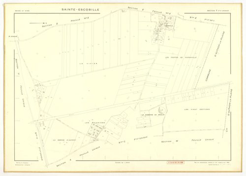 Plans minutes de conservation : SAINT-ESCOBILLE : sections A1, A2, B1, B2, D, ech. 1/2500 (1933-1936), section C1, ech. 1/1250 (1933) ; tableau d'assemblage, ech. 1/10000 (1956), sections S, T, U, V, W, X, Y, Z1, Z2, ech. 1/2000 (1956), NB, papier, 105x80