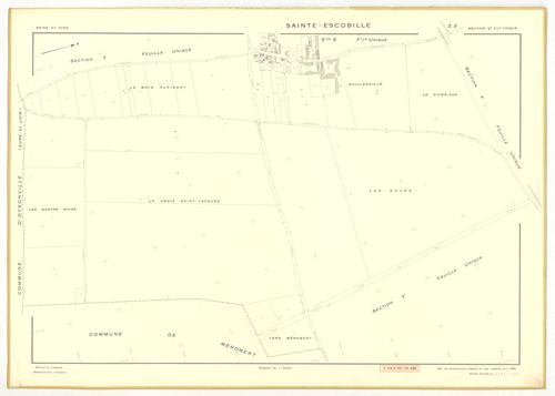 Plans minutes de conservation : SAINT-ESCOBILLE : sections A1, A2, B1, B2, D, ech. 1/2500 (1933-1936), section C1, ech. 1/1250 (1933) ; tableau d'assemblage, ech. 1/10000 (1956), sections S, T, U, V, W, X, Y, Z1, Z2, ech. 1/2000 (1956), NB, papier, 105x80