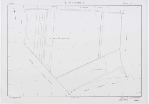 SAINT-ESCOBILLE, plans minutes de conservation : tableau d'assemblage, 1933, Ech. 1/10000 ; plans des section C1, 1933, Ech. 1/1250, sections S, T, X, Y, Z2, 1956, Ech. 1/2000, section ZA, 1994, Ech. 1/2000, sections ZB, ZC, ZD, ZH, ZI, ZK, 1998, Ech. 1/2